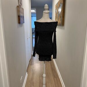 Off-Shoulder Black Sparkle Knit Mini Dress